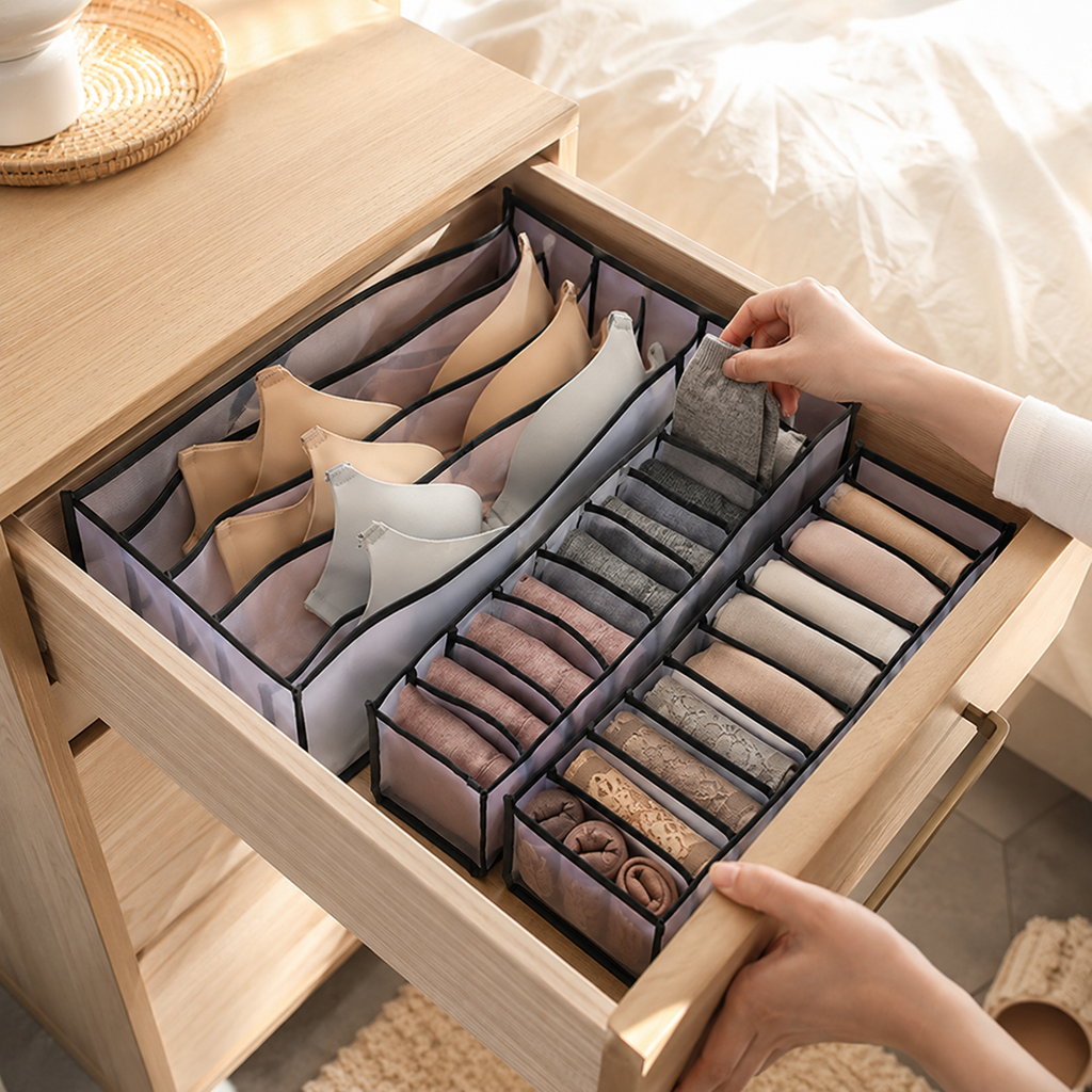 Drawer Organizer Set for Bras, Socks, Underwear & small items– 3-Piece  Multi-Grid Storage Boxes | Black