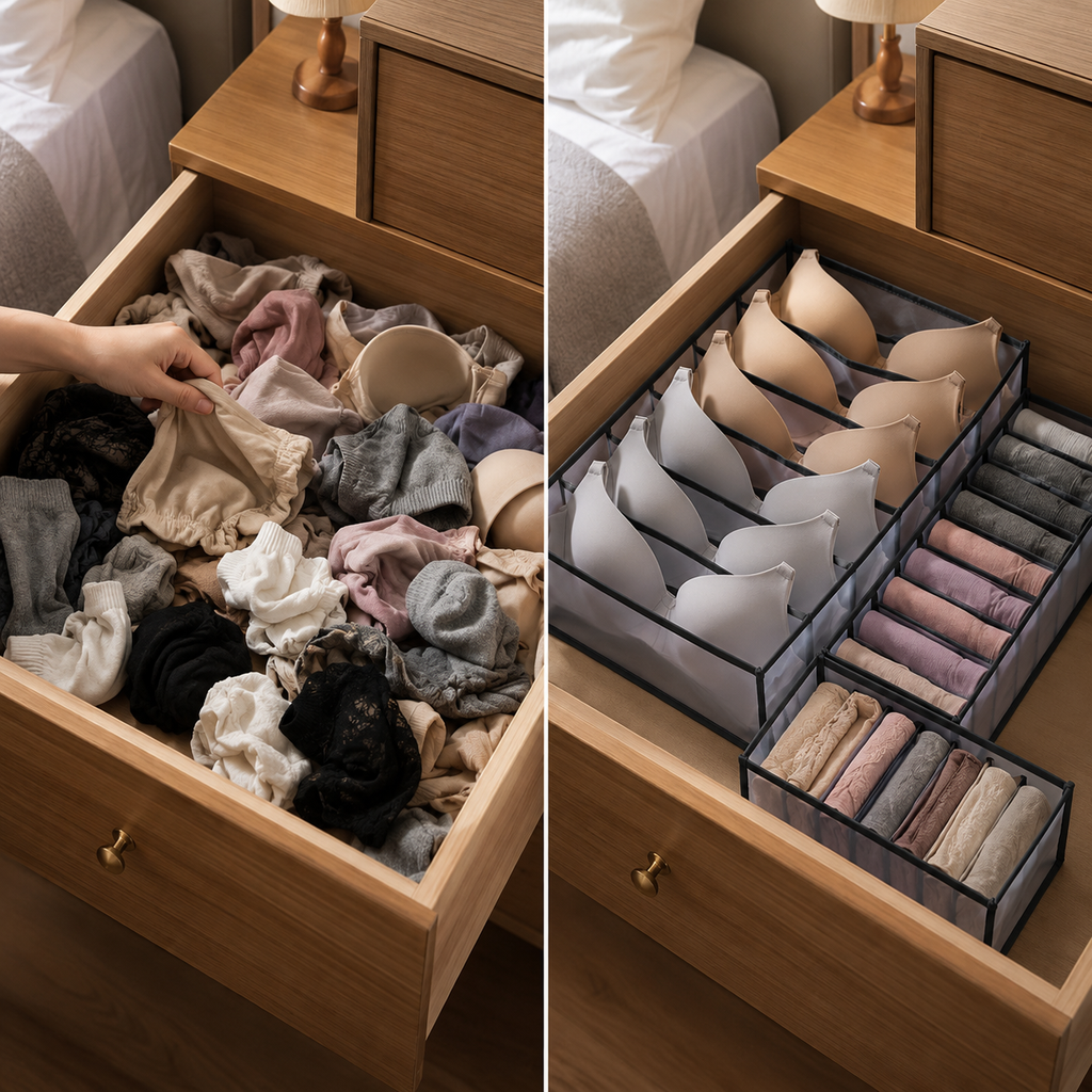 Drawer Organizer Set for Bras, Socks, Underwear & small items– 3-Piece  Multi-Grid Storage Boxes | Black