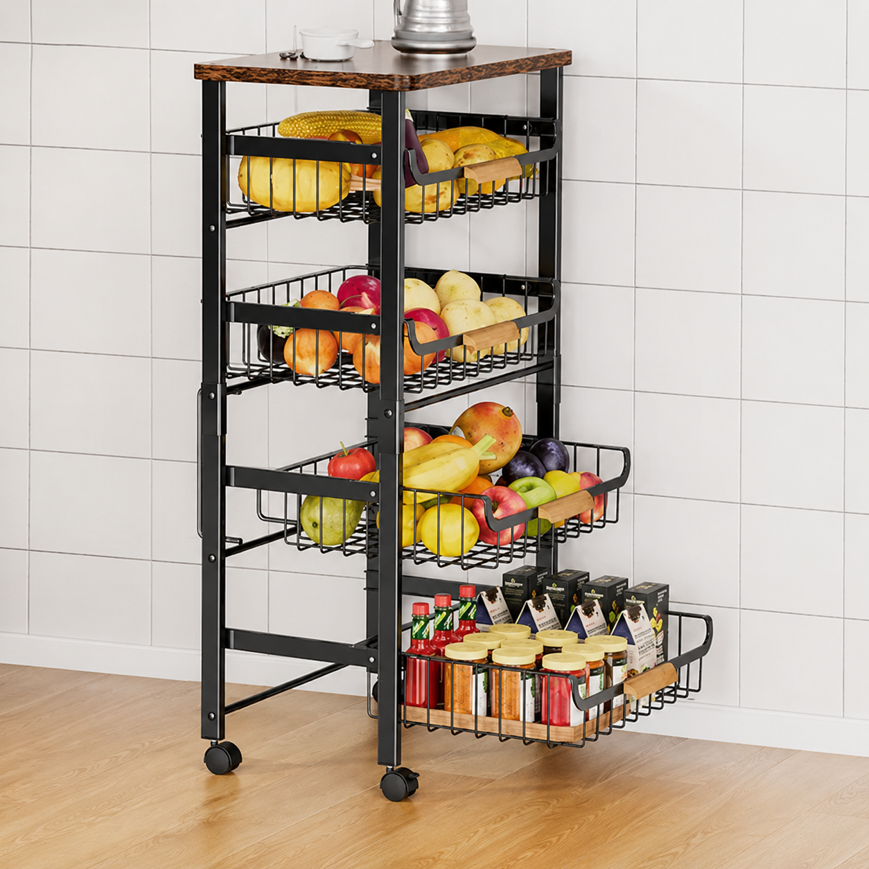 5-Tier Rolling Kitchen Cart with Wooden Top – Extendable Slide-Out Metal Mesh Baskets with Wheels for Kitchen & Pantry