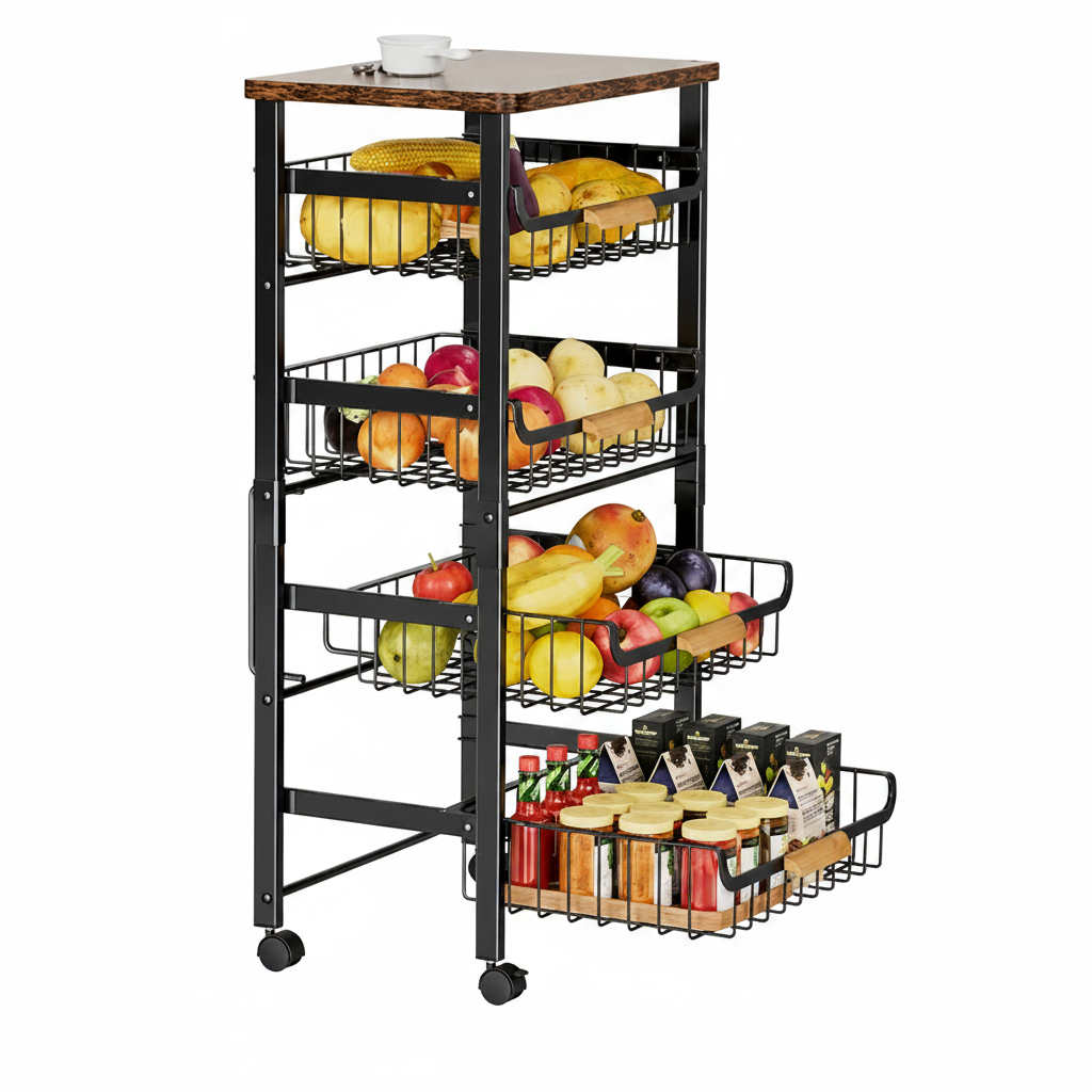 5-Tier Rolling Kitchen Cart with Wooden Top – Extendable Slide-Out Metal Mesh Baskets with Wheels for Kitchen & Pantry