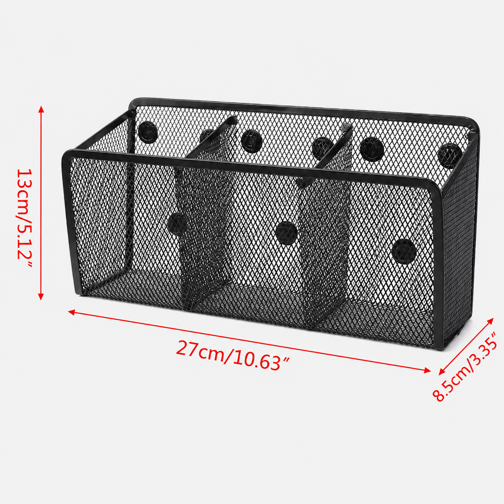 3-Grid Magnetic Metal Mesh Desk Organizer – Desktop Storage Box for Pens, Markers & Office Supplies