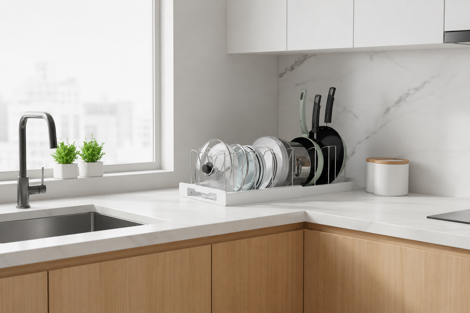 Expandable Pot,Pan & kitchen Organizer Rack – Adjustable Kitchen Cabinet Lid Holder