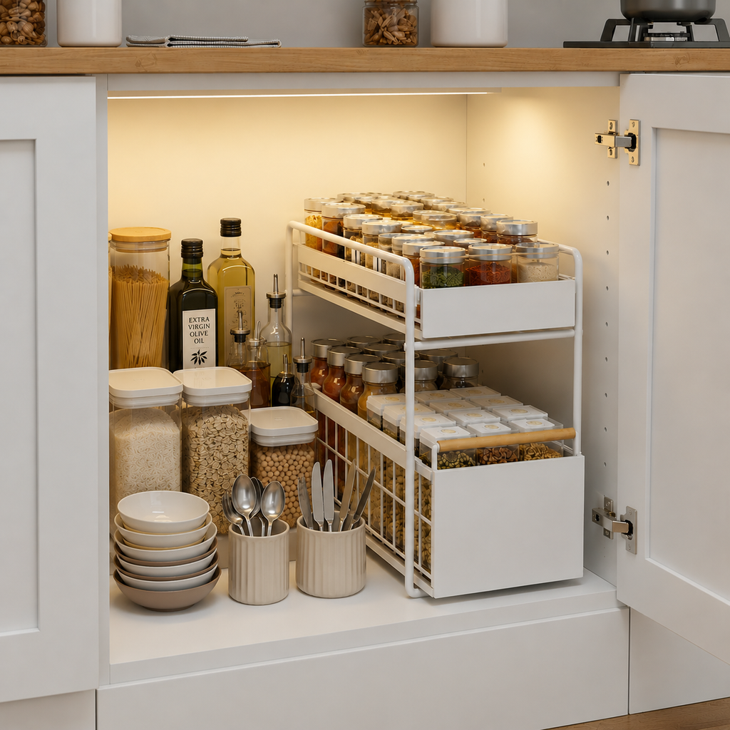2-Tier Pull-Out Cabinet Organizer – Under Sink Sliding Storage Drawer with Hooks