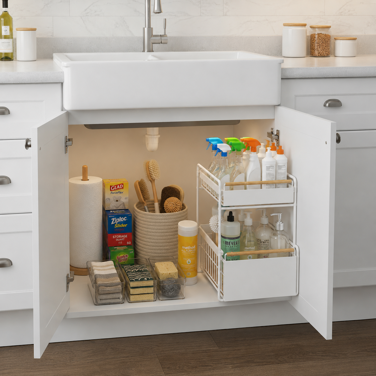 2-Tier Pull-Out Cabinet Organizer – Under Sink Sliding Storage Drawer with Hooks