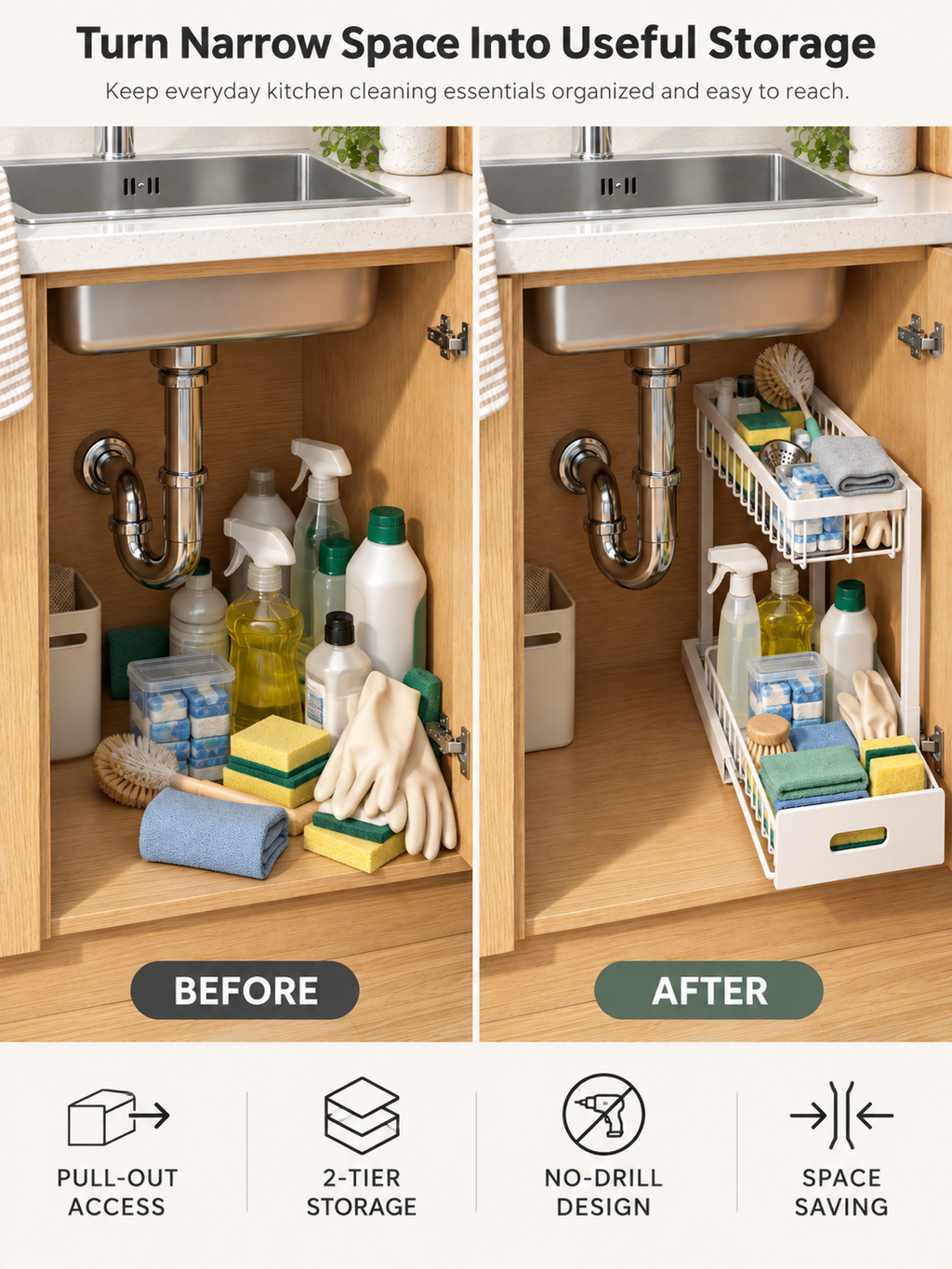 Kitchen & Bathroom | 2-Tier Pull-Out Cabinet Organizer – No-Drill Sliding Under