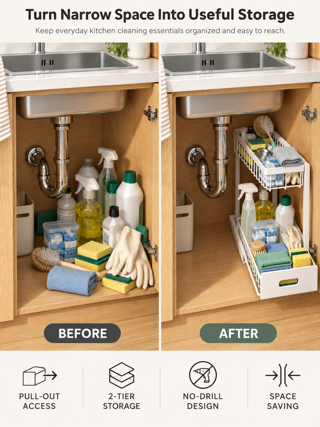 Kitchen & Bathroom | 2-Tier Pull-Out Cabinet Organizer – No-Drill Sliding Under