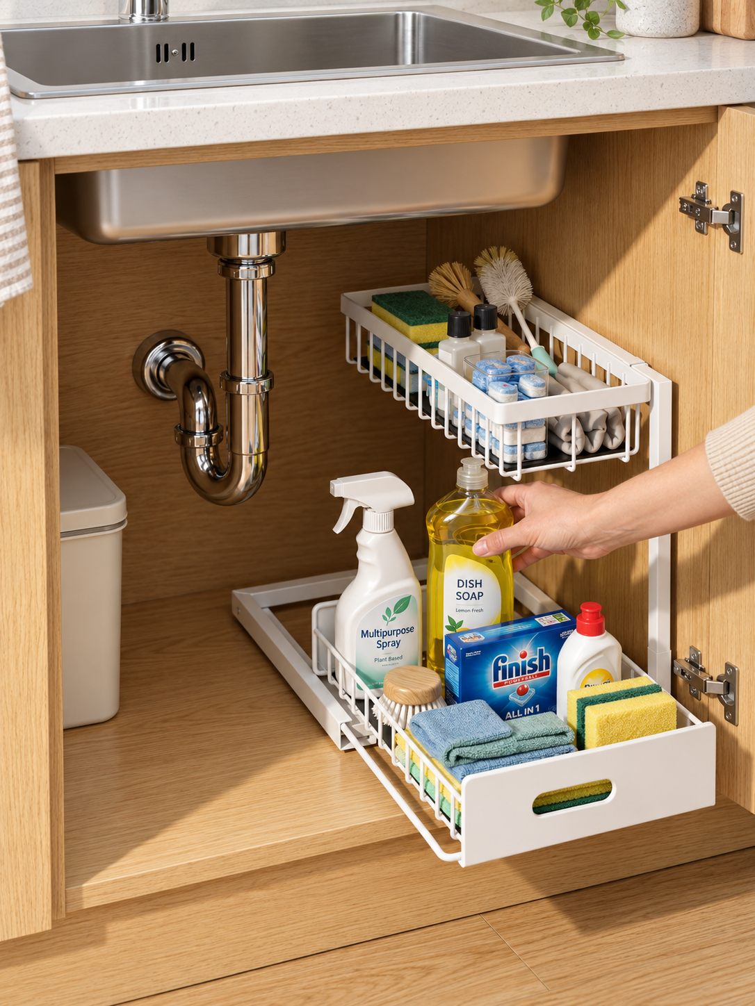 Kitchen & Bathroom | 2-Tier Pull-Out Cabinet Organizer – No-Drill Sliding Under