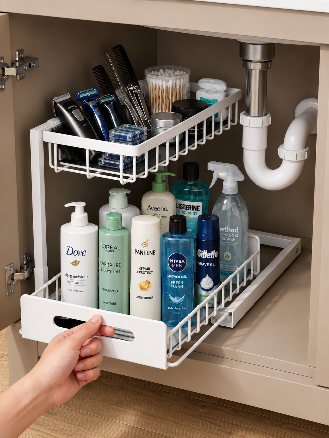 2-Tier Pull-Out Bathroom Vanity Organizer – No-Drill Sliding Under Sink Storage for Skincare, Beauty & Hair Products | White
