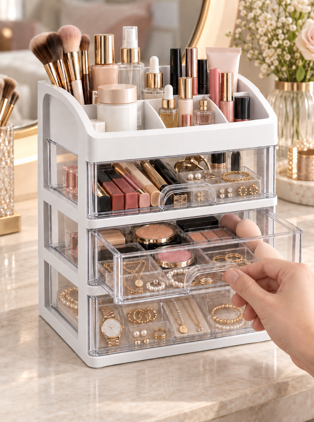 4-Tier Makeup, Jewelry & Cosmetics Organizer with Drawers | Desktop Cosmetic & Jewelry Storage Box | Clear Sliding Drawers | White
