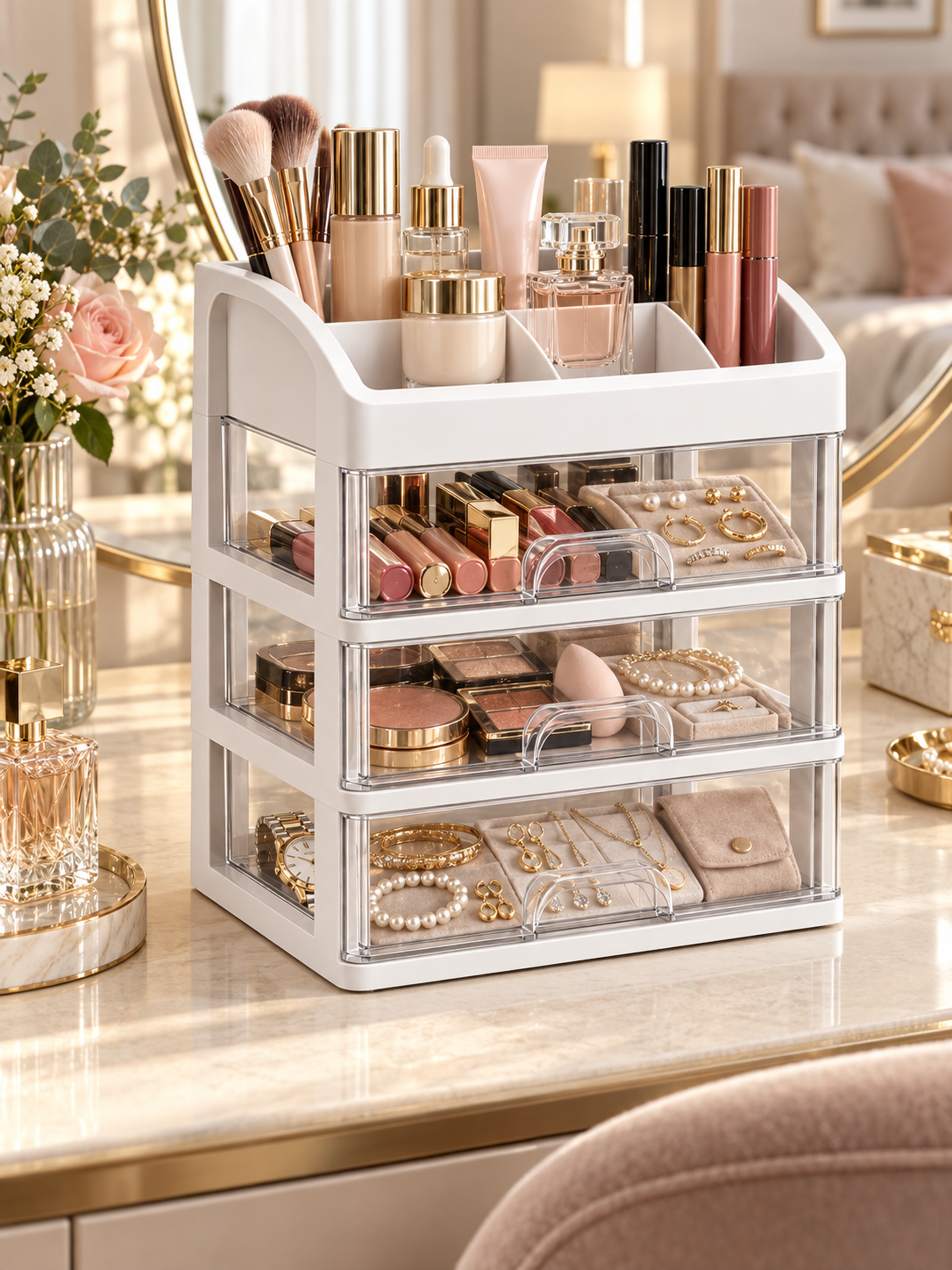 4-Tier Makeup, Jewelry & Cosmetics Organizer with Drawers | Desktop Cosmetic & Jewelry Storage Box | Clear Sliding Drawers | White