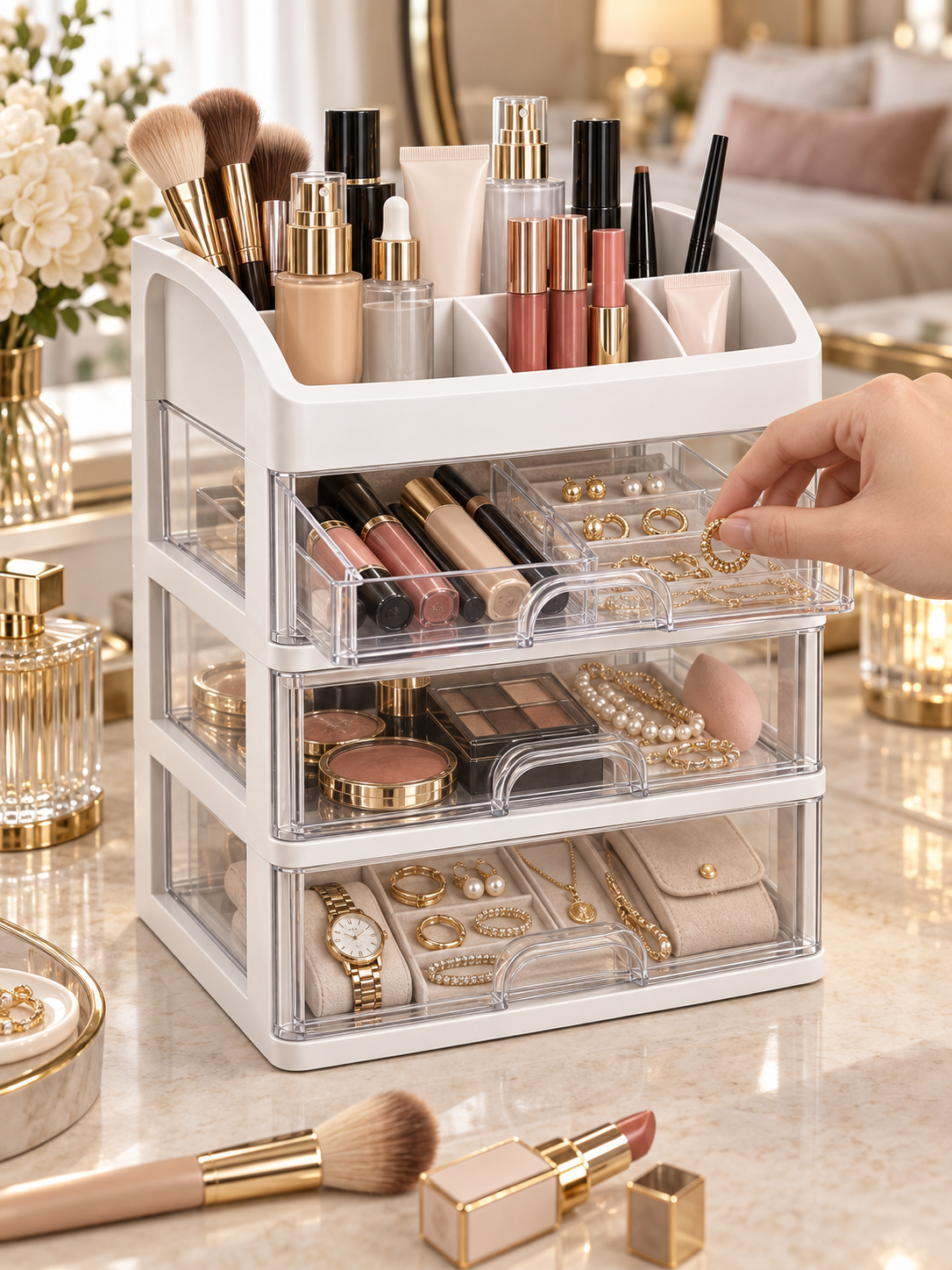 4-Tier Makeup, Jewelry & Cosmetics Organizer with Drawers | Desktop Cosmetic & Jewelry Storage Box | Clear Sliding Drawers | White