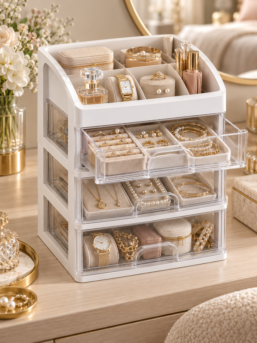 4-Tier Makeup, Jewelry & Cosmetics Organizer with Drawers | Desktop Cosmetic & Jewelry Storage Box | Clear Sliding Drawers | White