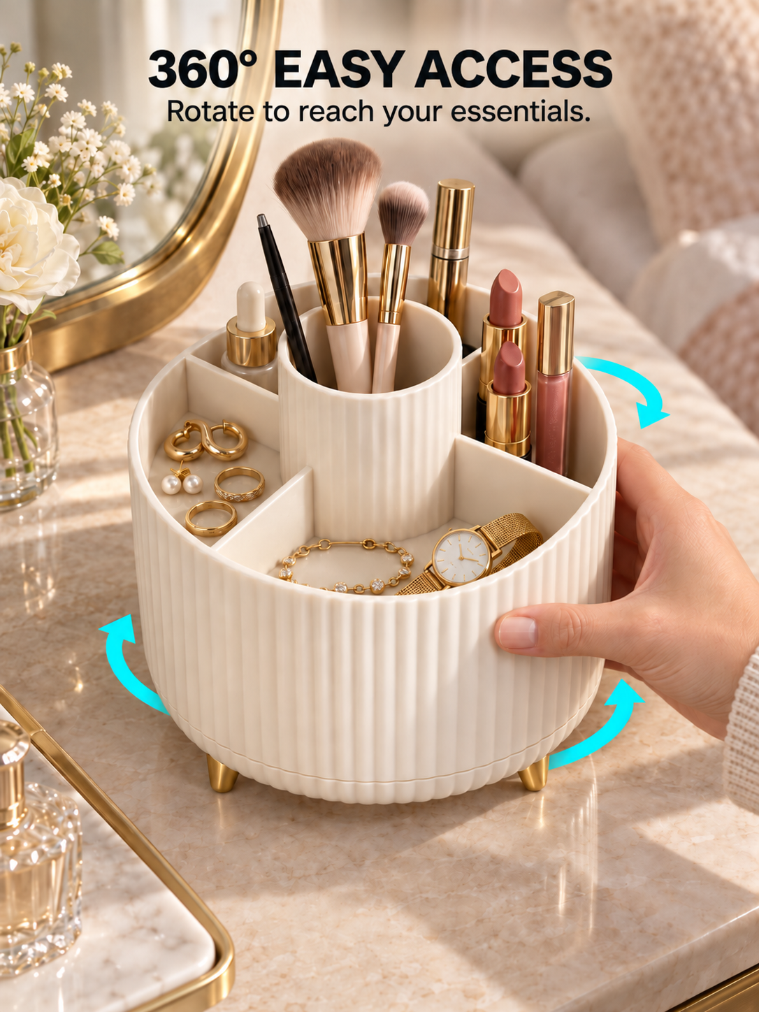 360° Rotating Makeup & Jewelry Organizer | 5-Compartment Vanity Caddy for Brushes, Lipstick, Rings & Watches | White Pink Beige