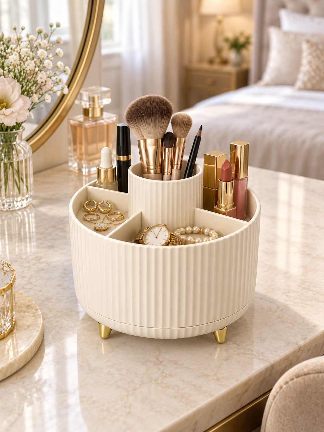 360° Rotating Makeup & Jewelry Organizer | 5-Compartment Vanity Caddy for Brushes, Lipstick, Rings & Watches | White Pink Beige