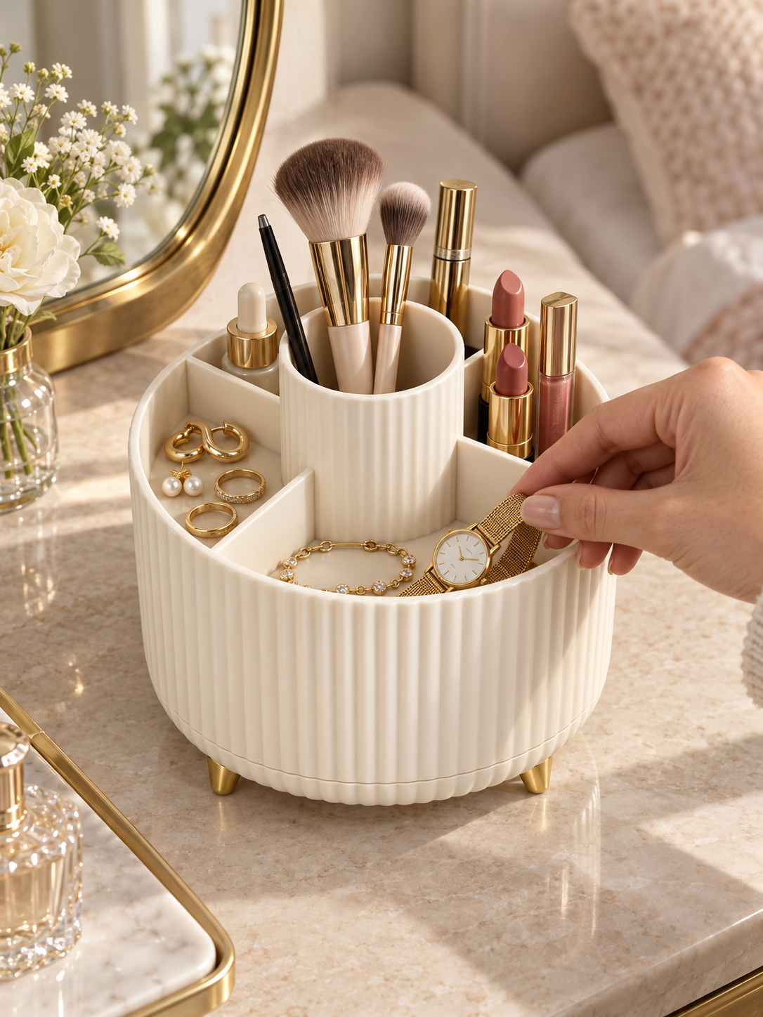 360° Rotating Makeup & Jewelry Organizer | 5-Compartment Vanity Caddy for Brushes, Lipstick, Rings & Watches | White Pink Beige