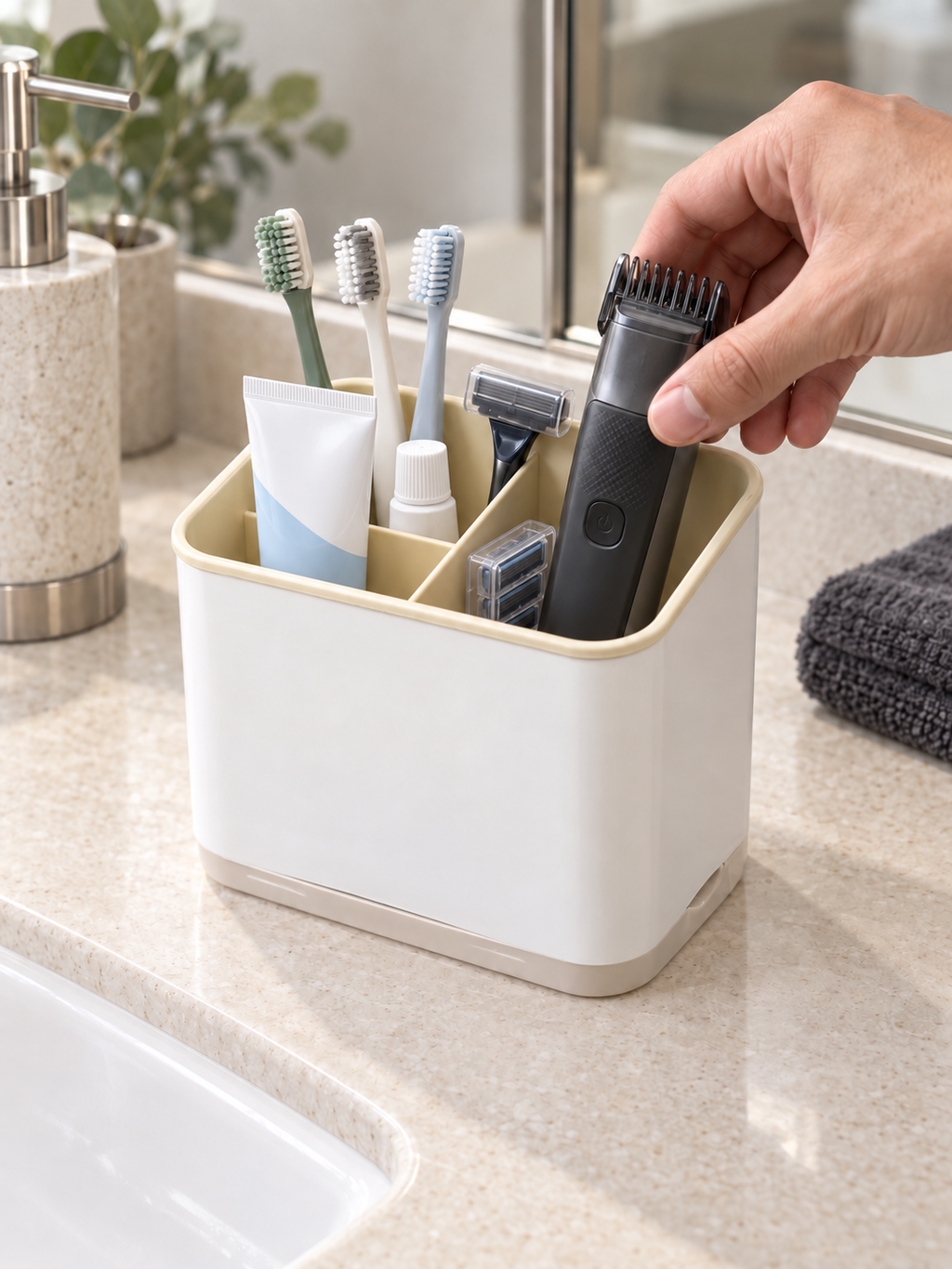 Narrow Bathroom Counter Organizer | 3-Compartment Caddy for Toothbrushes, Razors, Trimmers & Tubes | Fits Any Counter Size