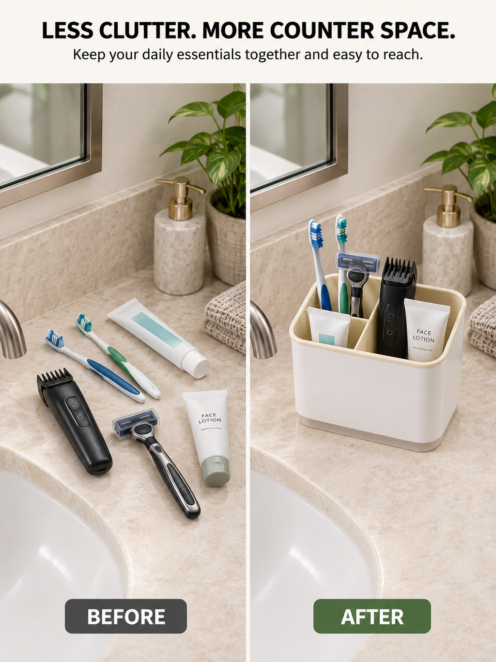 Narrow Bathroom Counter Organizer | 3-Compartment Caddy for Toothbrushes, Razors, Trimmers & Tubes | Fits Any Counter Size