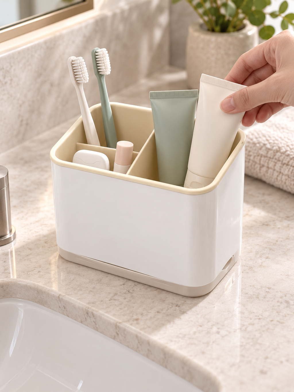 Narrow Bathroom Counter Organizer | 3-Compartment Caddy for Toothbrushes, Razors, Trimmers & Tubes | Fits Any Counter Size