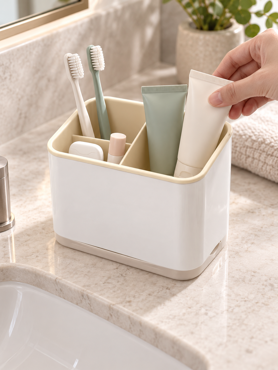 Narrow Bathroom Counter Organizer | 3-Compartment Caddy for Toothbrushes, Razors, Trimmers & Tubes | Fits Any Counter Size