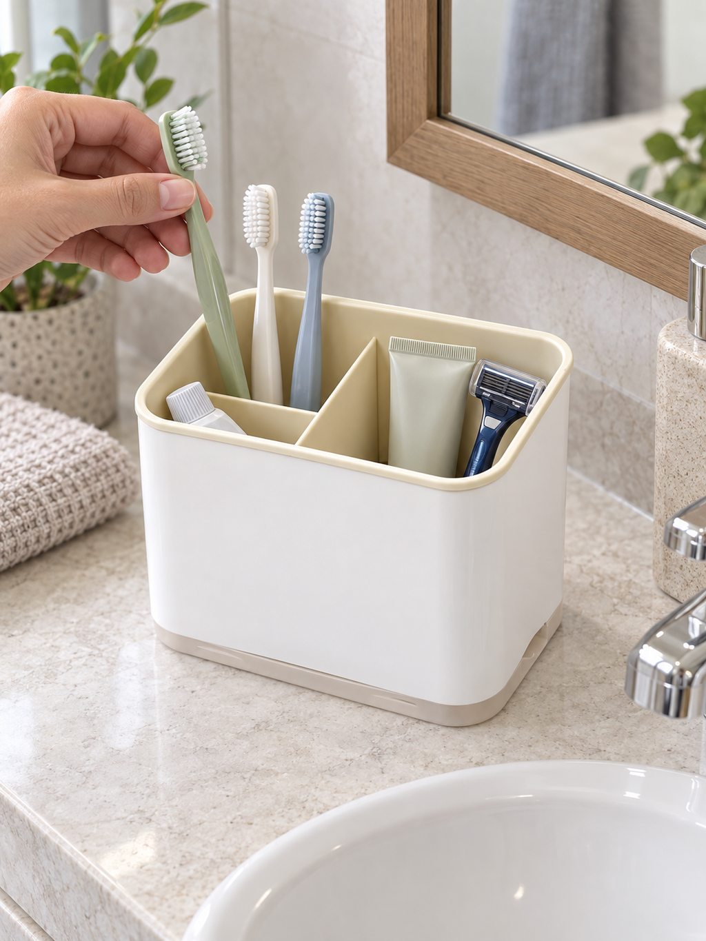 Narrow Bathroom Counter Organizer | 3-Compartment Caddy for Toothbrushes, Razors, Trimmers & Tubes | Fits Any Counter Size