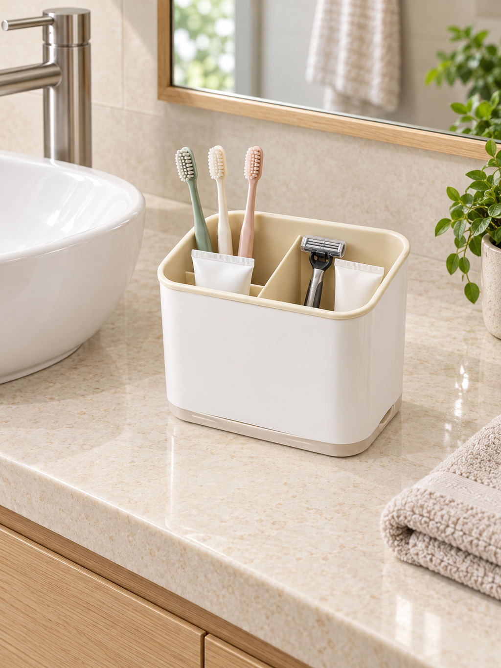 Narrow Bathroom Counter Organizer | 3-Compartment Caddy for Toothbrushes, Razors, Trimmers & Tubes | Fits Any Counter Size