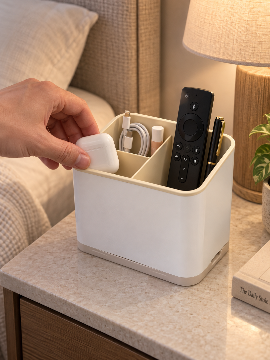 Nightstand Organizer Caddy | 3-Compartment Bedside Storage for Remote, Charging Cables, EarPods & Small Accessories