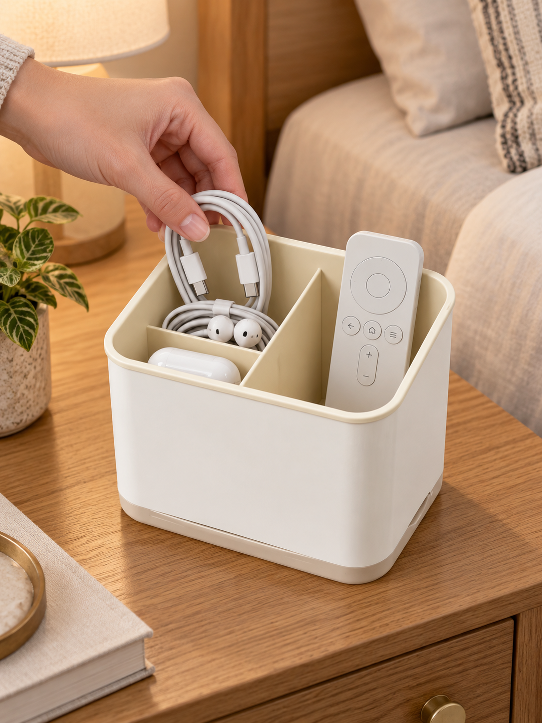 Nightstand Organizer Caddy | 3-Compartment Bedside Storage for Remote, Charging Cables, EarPods & Small Accessories