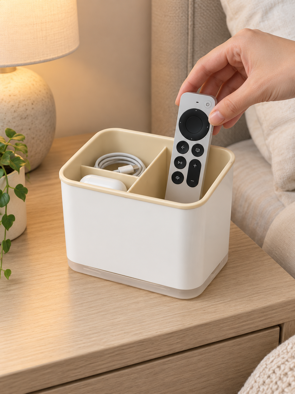 Nightstand Organizer Caddy | 3-Compartment Bedside Storage for Remote, Charging Cables, EarPods & Small Accessories