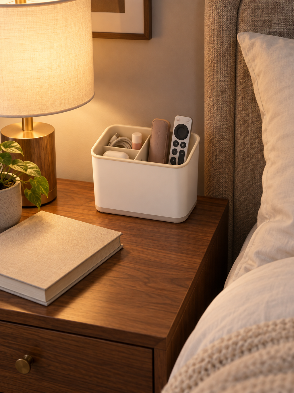 Nightstand Organizer Caddy | 3-Compartment Bedside Storage for Remote, Charging Cables, EarPods & Small Accessories