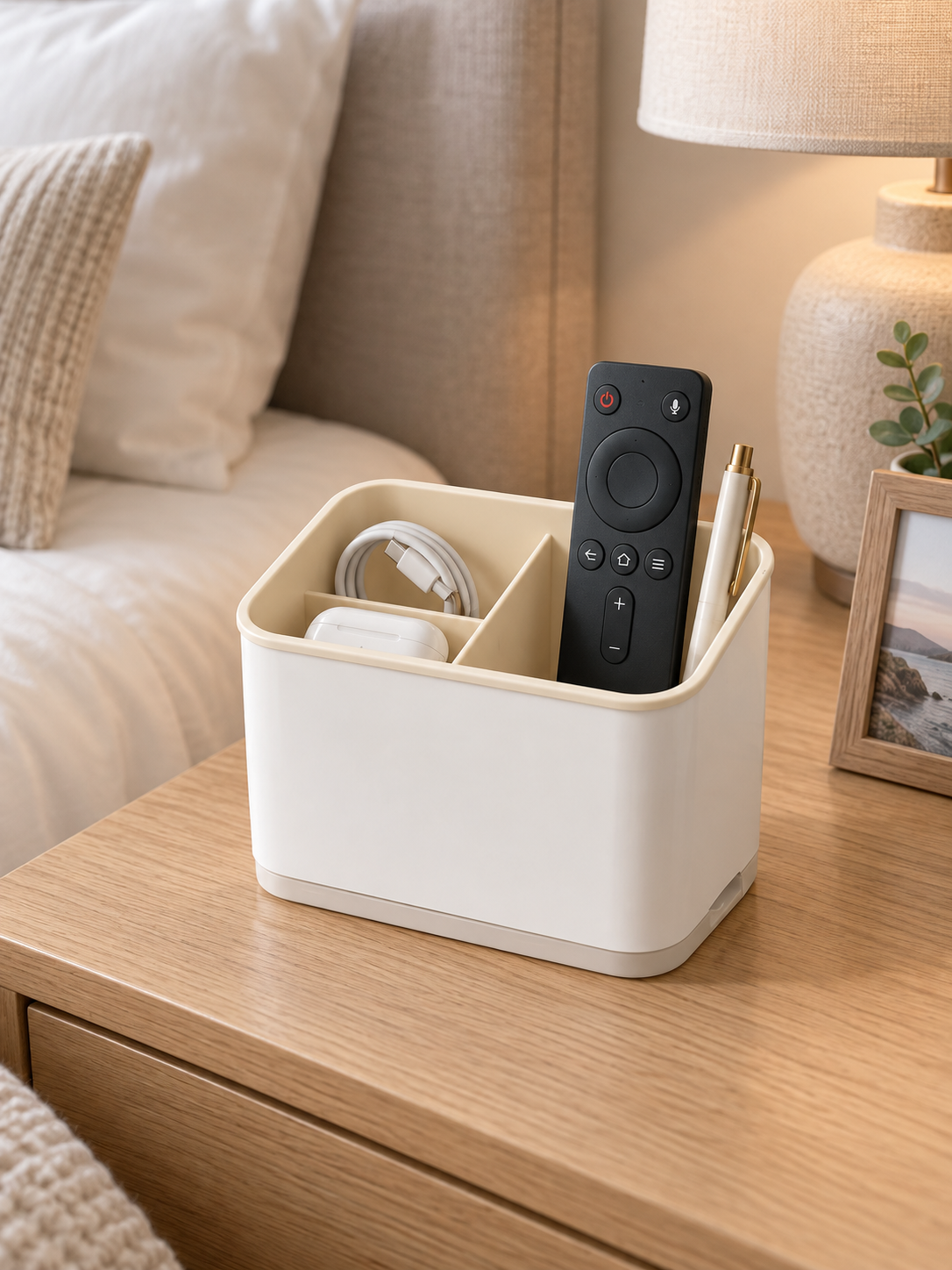 Nightstand Organizer Caddy | 3-Compartment Bedside Storage for Remote, Charging Cables, EarPods & Small Accessories