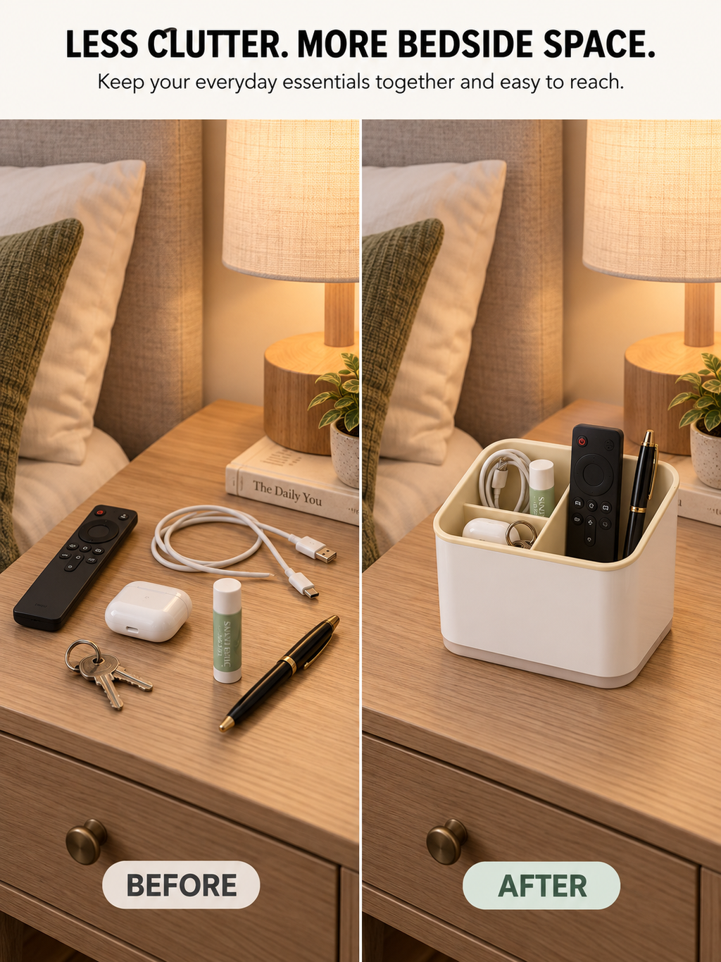 Nightstand Organizer Caddy | 3-Compartment Bedside Storage for Remote, Charging Cables, EarPods & Small Accessories