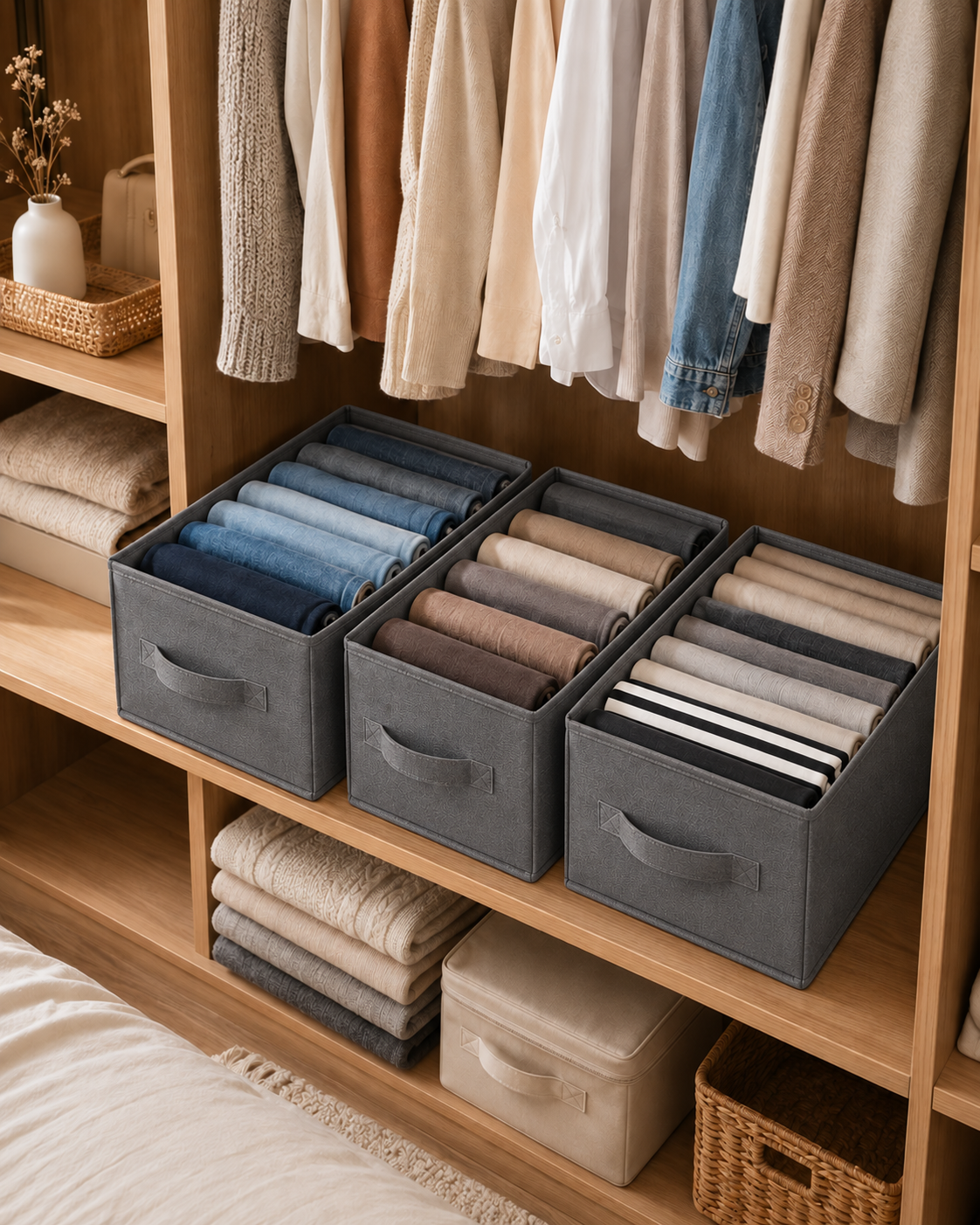 1, 2, 3 or 6 Pack | 7-Grid Foldable Wardrobe Storage Boxes – Collapsible Closet Organizer for Clothes, Jeans & Accessories | Grey |