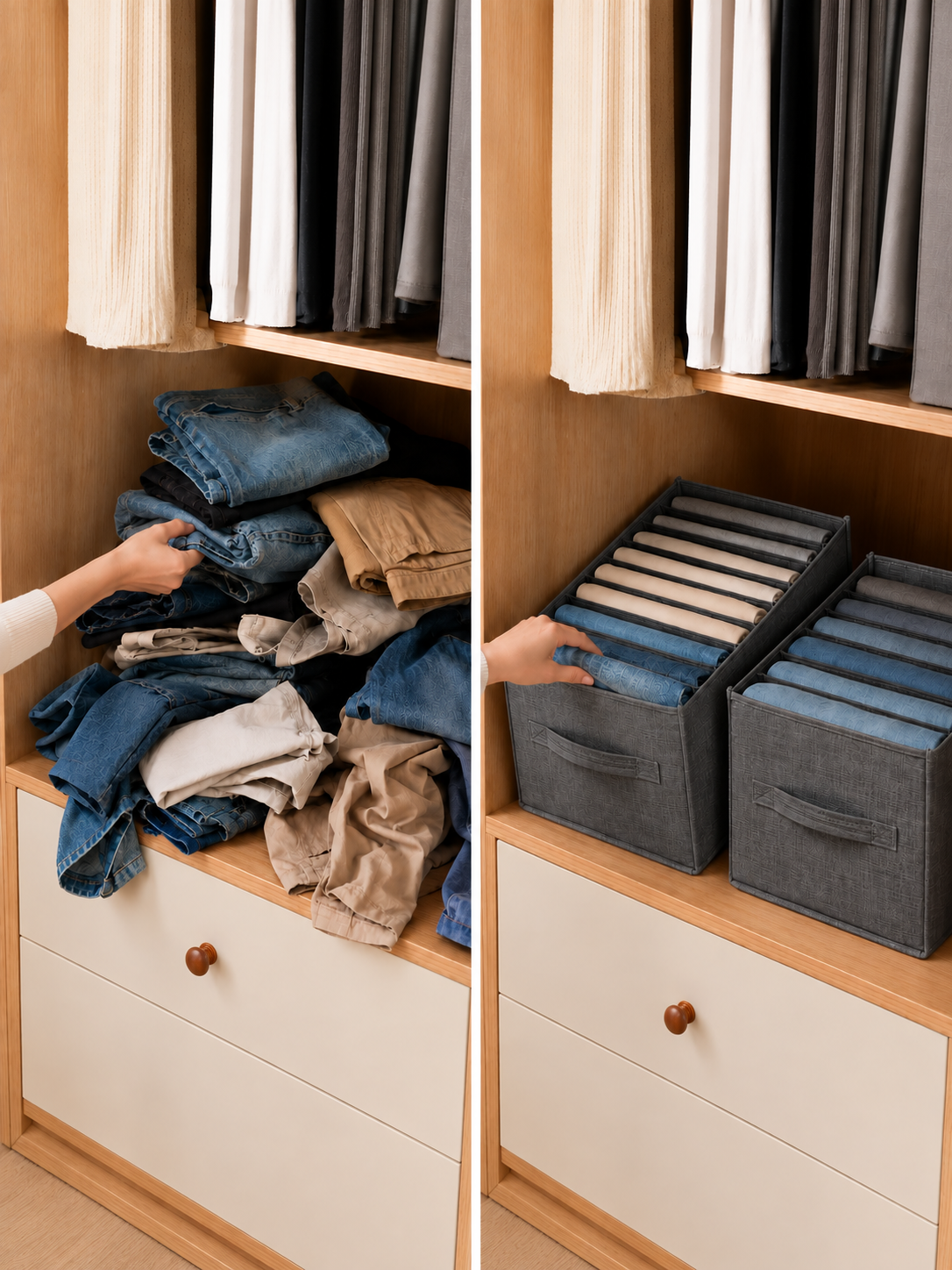 1, 2, 3 or 6 Pack | 7-Grid Foldable Wardrobe Storage Boxes – Collapsible Closet Organizer for Clothes, Jeans & Accessories | Grey |