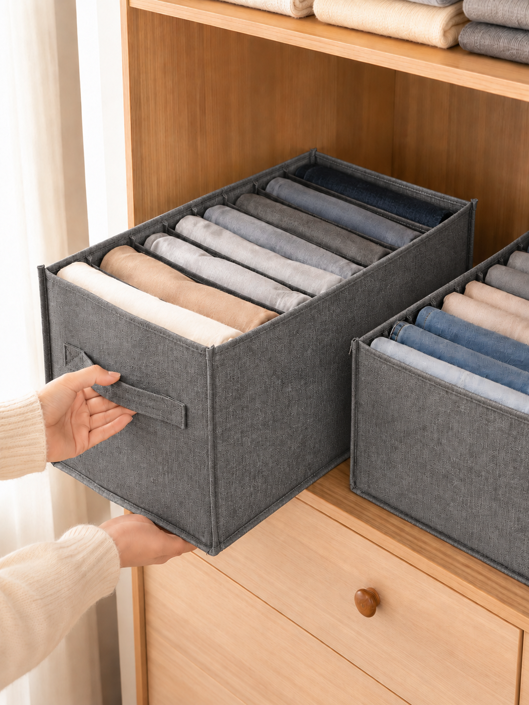 1, 2, 3 or 6 Pack | 7-Grid Foldable Wardrobe Storage Boxes – Collapsible Closet Organizer for Clothes, Jeans & Accessories | Grey |