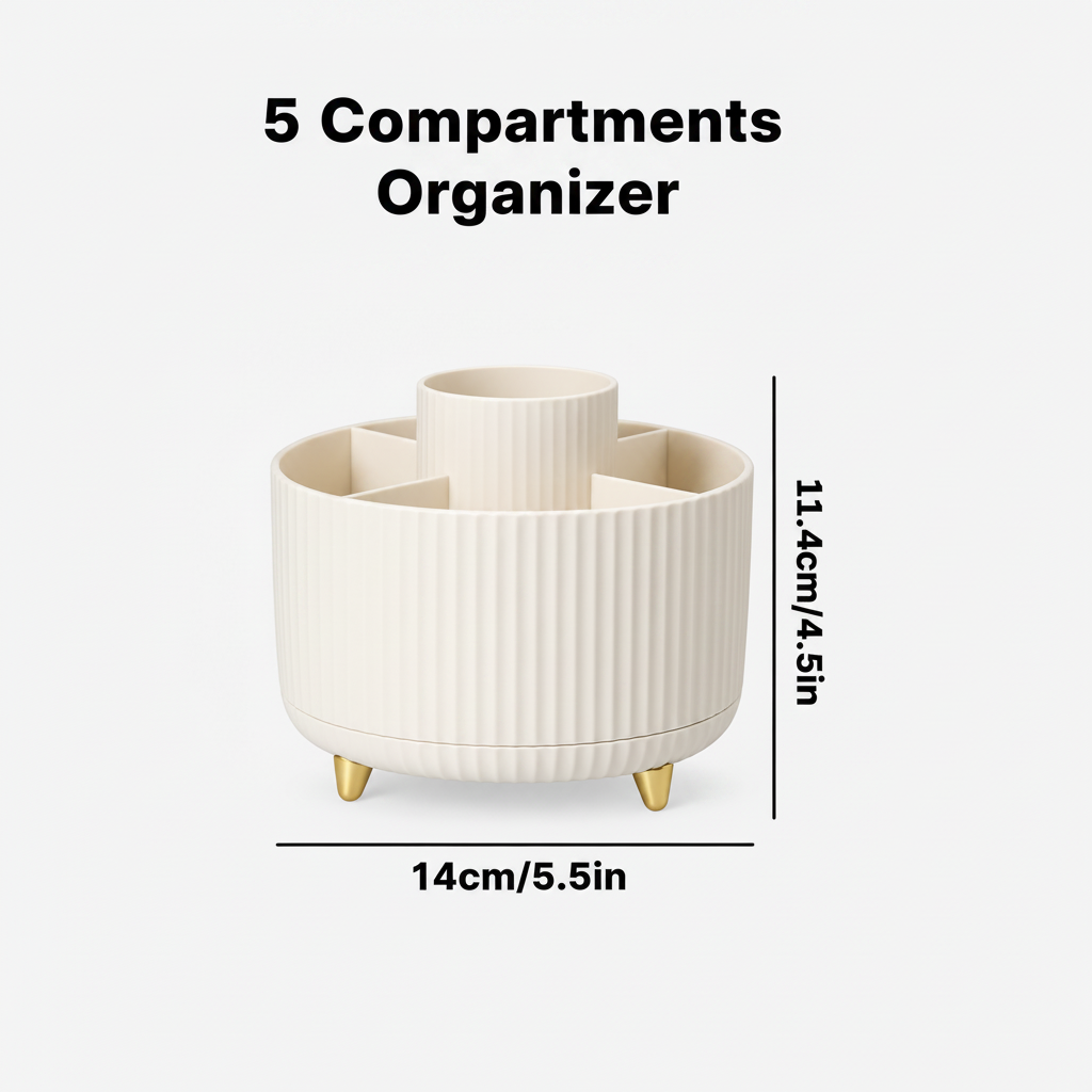 360° Rotating Desk Organizer | 5-Compartment Pen & Cable Holder | Bedroom, Student & Home Office Desk | 14×11.4 cm