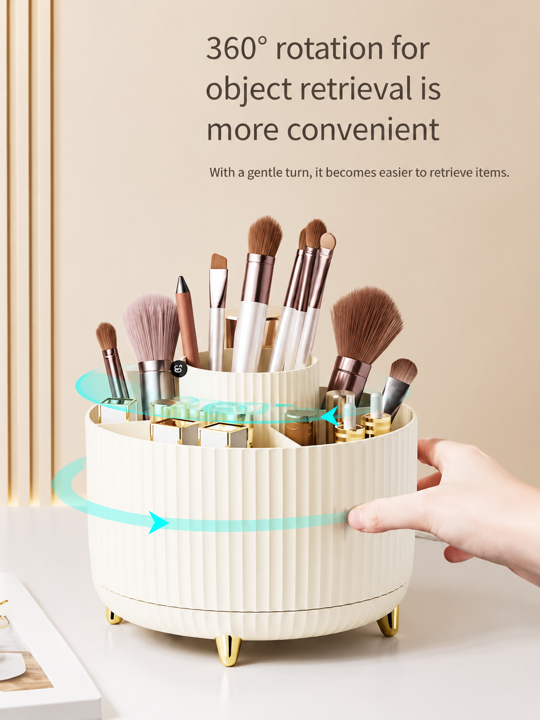 360° Rotating Makeup & Jewelry Organizer | 5-Compartment Vanity Caddy for Brushes, Lipstick, Rings & Watches | White Pink Beige