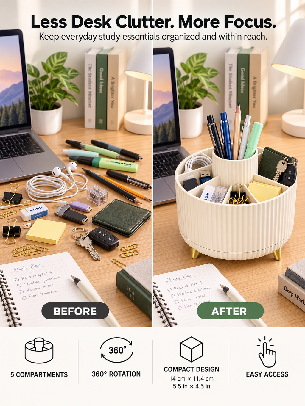 360° Rotating Desk Organizer | 5-Compartment Pen & Cable Holder | Bedroom, Student & Home Office Desk | 14×11.4 cm