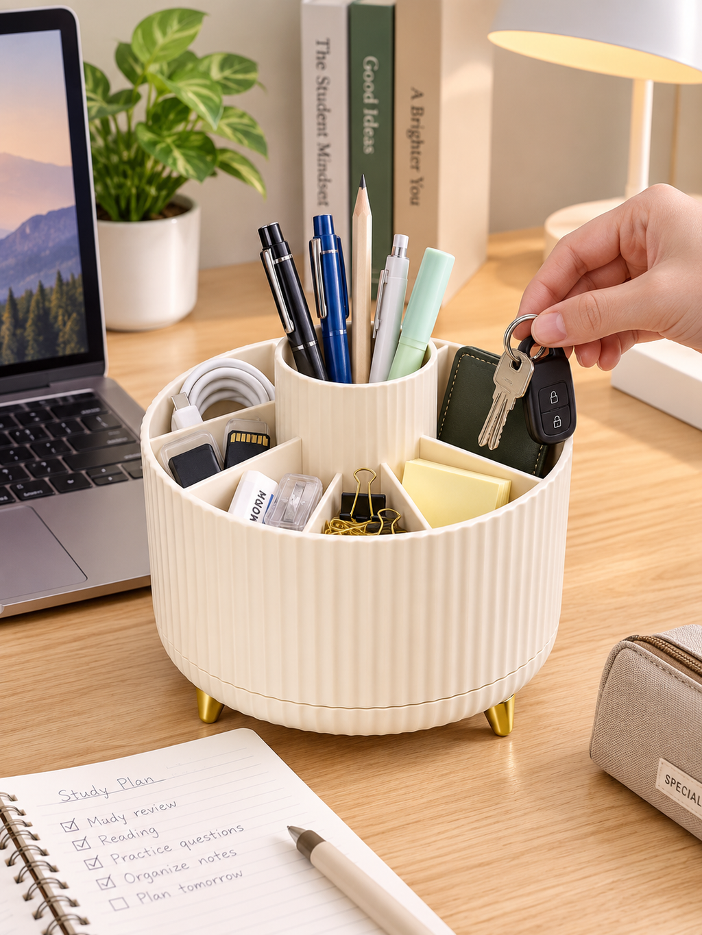 360° Rotating Desk Organizer | 5-Compartment Pen & Cable Holder | Bedroom, Student & Home Office Desk | 14×11.4 cm