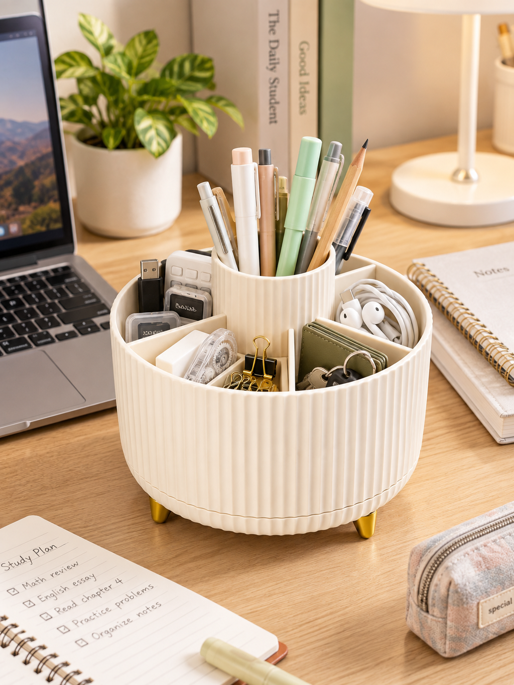 360° Rotating Desk Organizer | 5-Compartment Pen & Cable Holder | Bedroom, Student & Home Office Desk | 14×11.4 cm