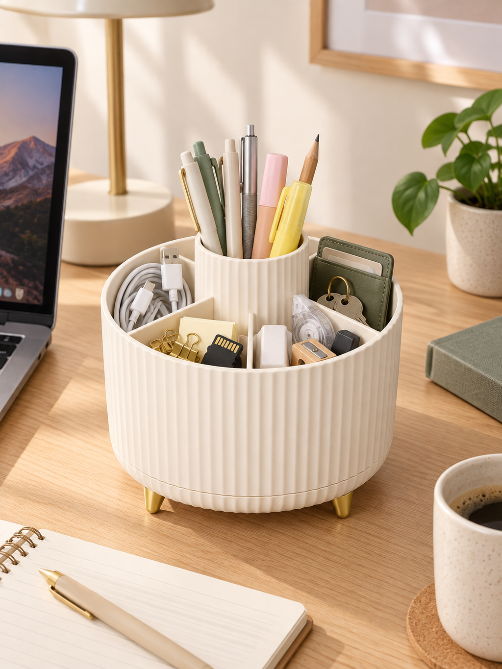 360° Rotating Desk Organizer | 5-Compartment Pen & Cable Holder | Bedroom, Student & Home Office Desk | 14×11.4 cm
