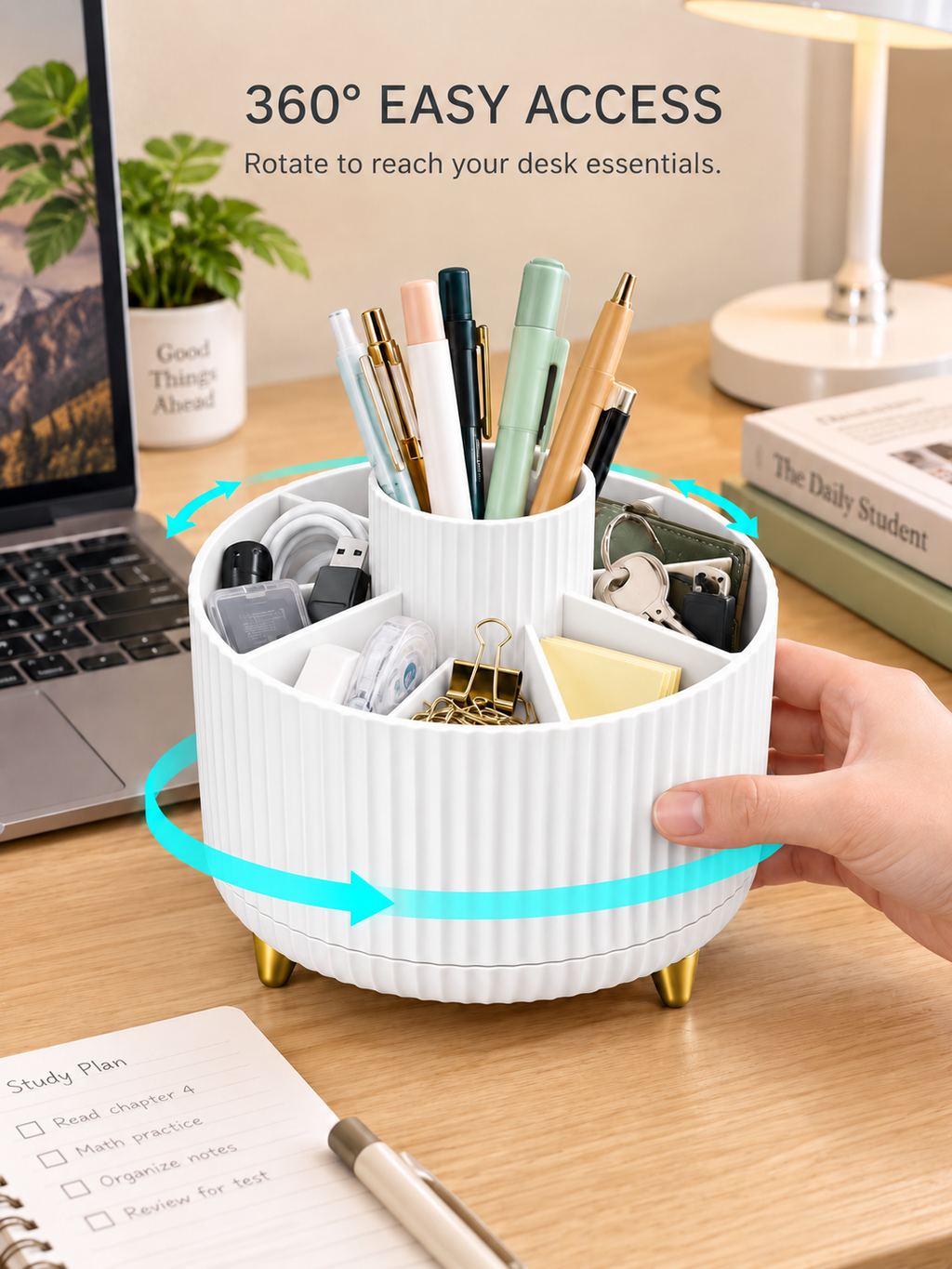 360° Rotating Desk Organizer | 5-Compartment Pen & Cable Holder | Bedroom, Student & Home Office Desk | 14×11.4 cm