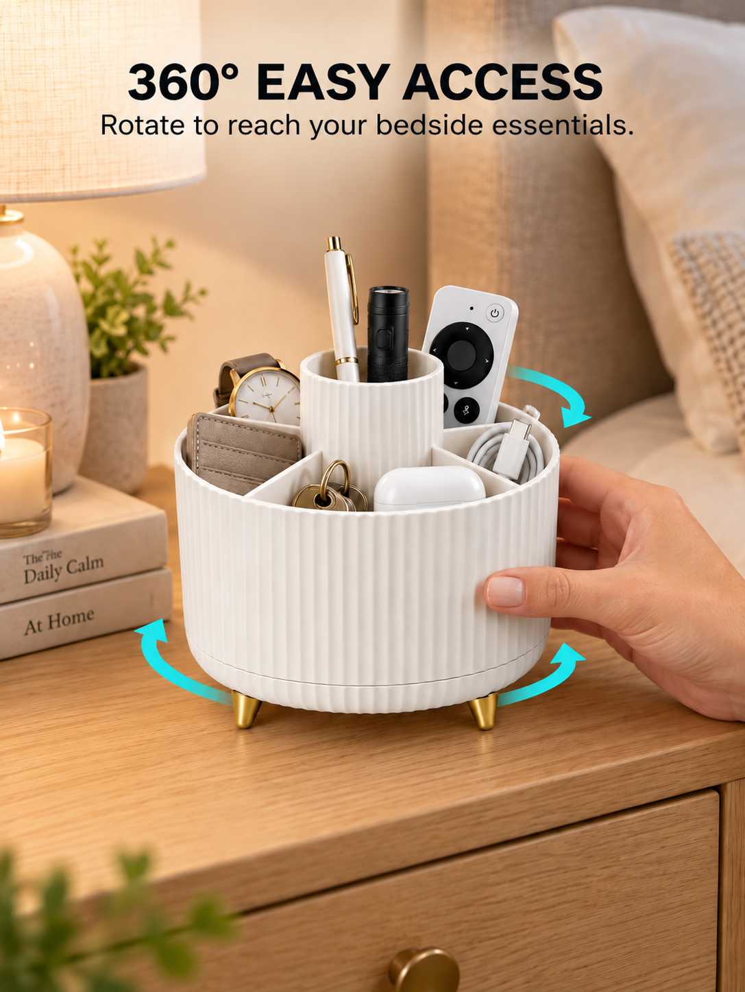 360° Rotating Nightstand Organizer | 5-Compartment Bedside Caddy for Remote, Keys, Wallet & Cables | 14×11.4 cm