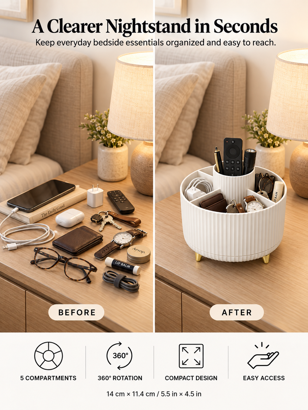 360° Rotating Nightstand Organizer | 5-Compartment Bedside Caddy for Remote, Keys, Wallet & Cables | 14×11.4 cm