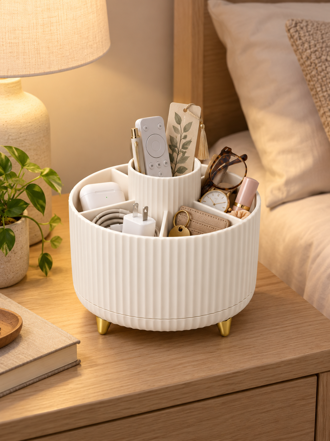 360° Rotating Nightstand Organizer | 5-Compartment Bedside Caddy for Remote, Keys, Wallet & Cables | 14×11.4 cm