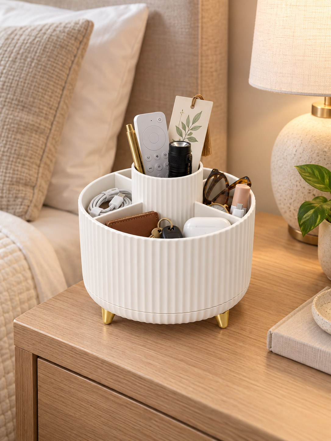 360° Rotating Nightstand Organizer | 5-Compartment Bedside Caddy for Remote, Keys, Wallet & Cables | 14×11.4 cm