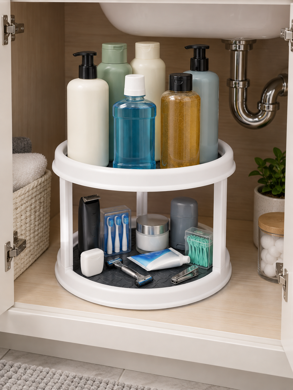 For Narrow & Small Cabinets |2-Tier Rotating Bathroom Under-Sink Organizer | 360° Turntable | Non-Slip Mat | Grooming, Dental & Personal Care Storage