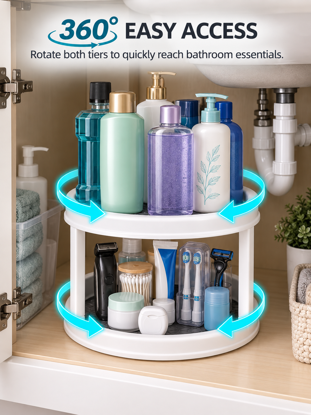 For Narrow & Small Cabinets |2-Tier Rotating Bathroom Under-Sink Organizer | 360° Turntable | Non-Slip Mat | Grooming, Dental & Personal Care Storage