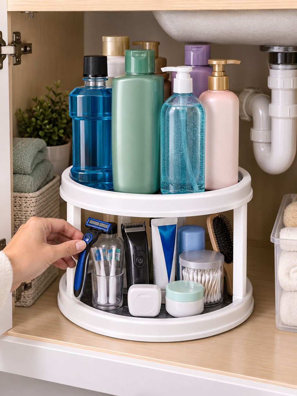For Narrow & Small Cabinets |2-Tier Rotating Bathroom Under-Sink Organizer | 360° Turntable | Non-Slip Mat | Grooming, Dental & Personal Care Storage