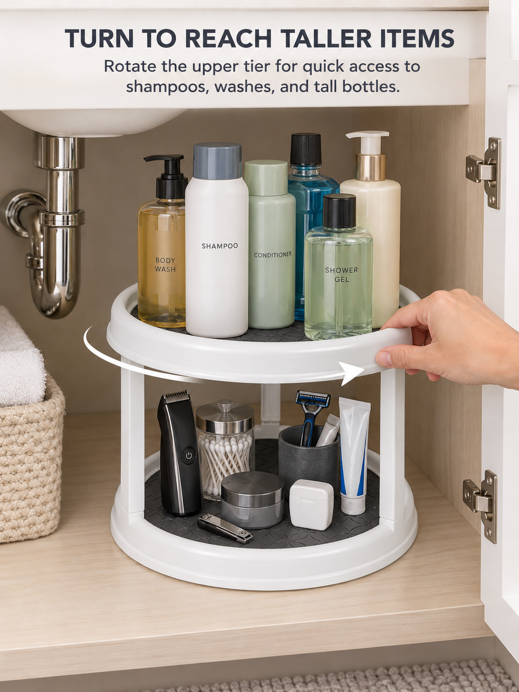 For Narrow & Small Cabinets |2-Tier Rotating Bathroom Under-Sink Organizer | 360° Turntable | Non-Slip Mat | Grooming, Dental & Personal Care Storage