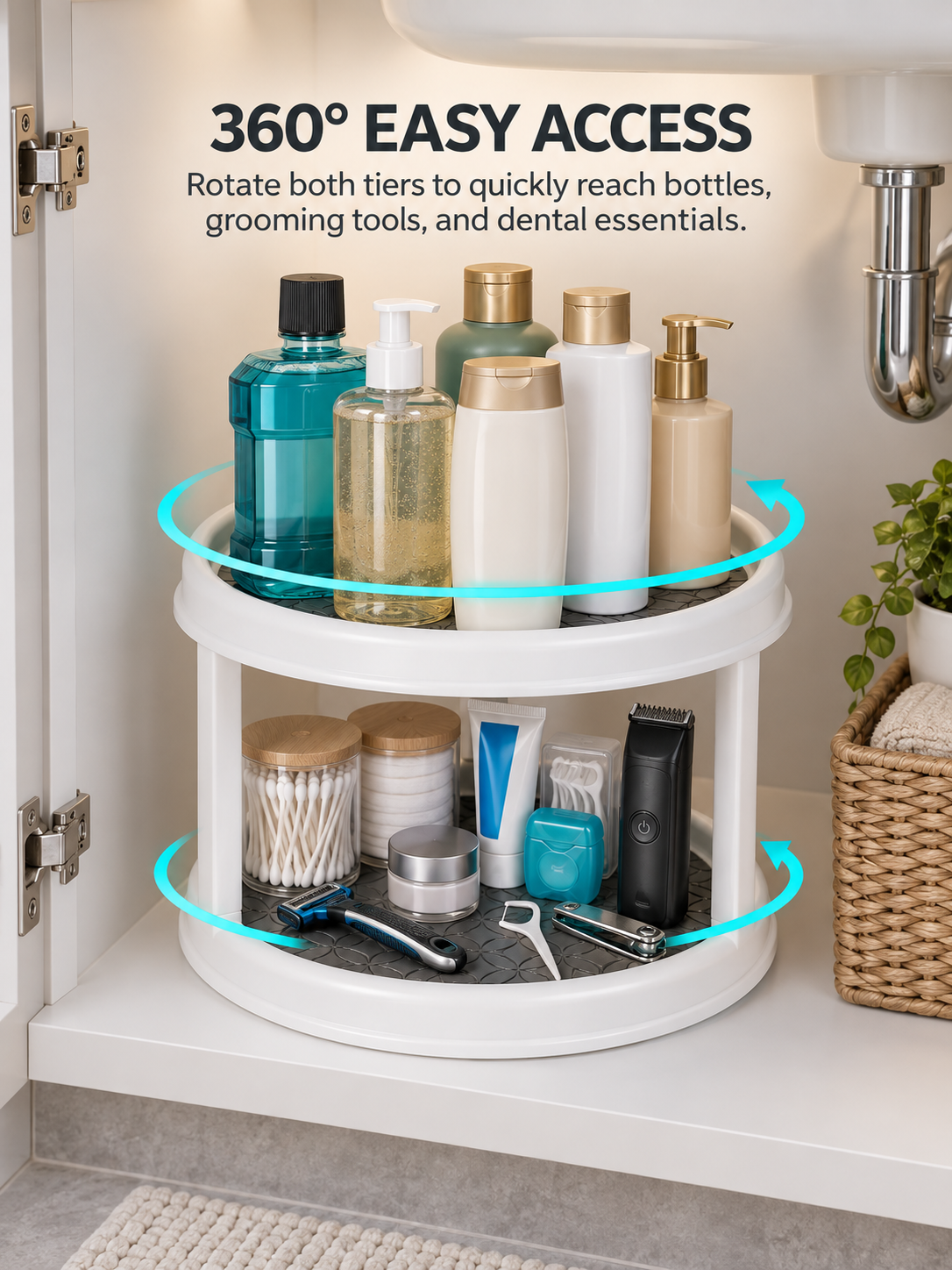 For Narrow & Small Cabinets |2-Tier Rotating Bathroom Under-Sink Organizer | 360° Turntable | Non-Slip Mat | Grooming, Dental & Personal Care Storage